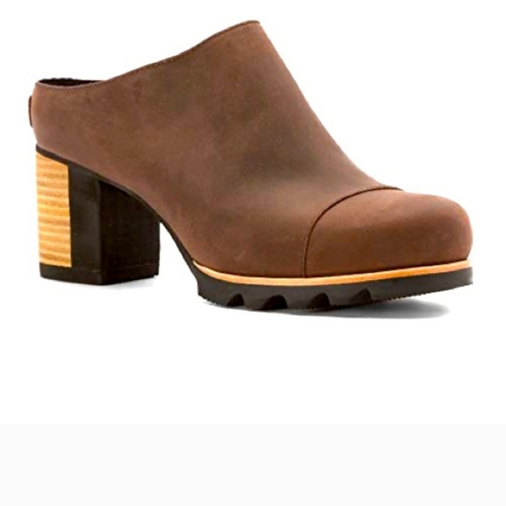 SOREL Addington Mule Boot Clog Stacked Heel Leather Tobacco Brown